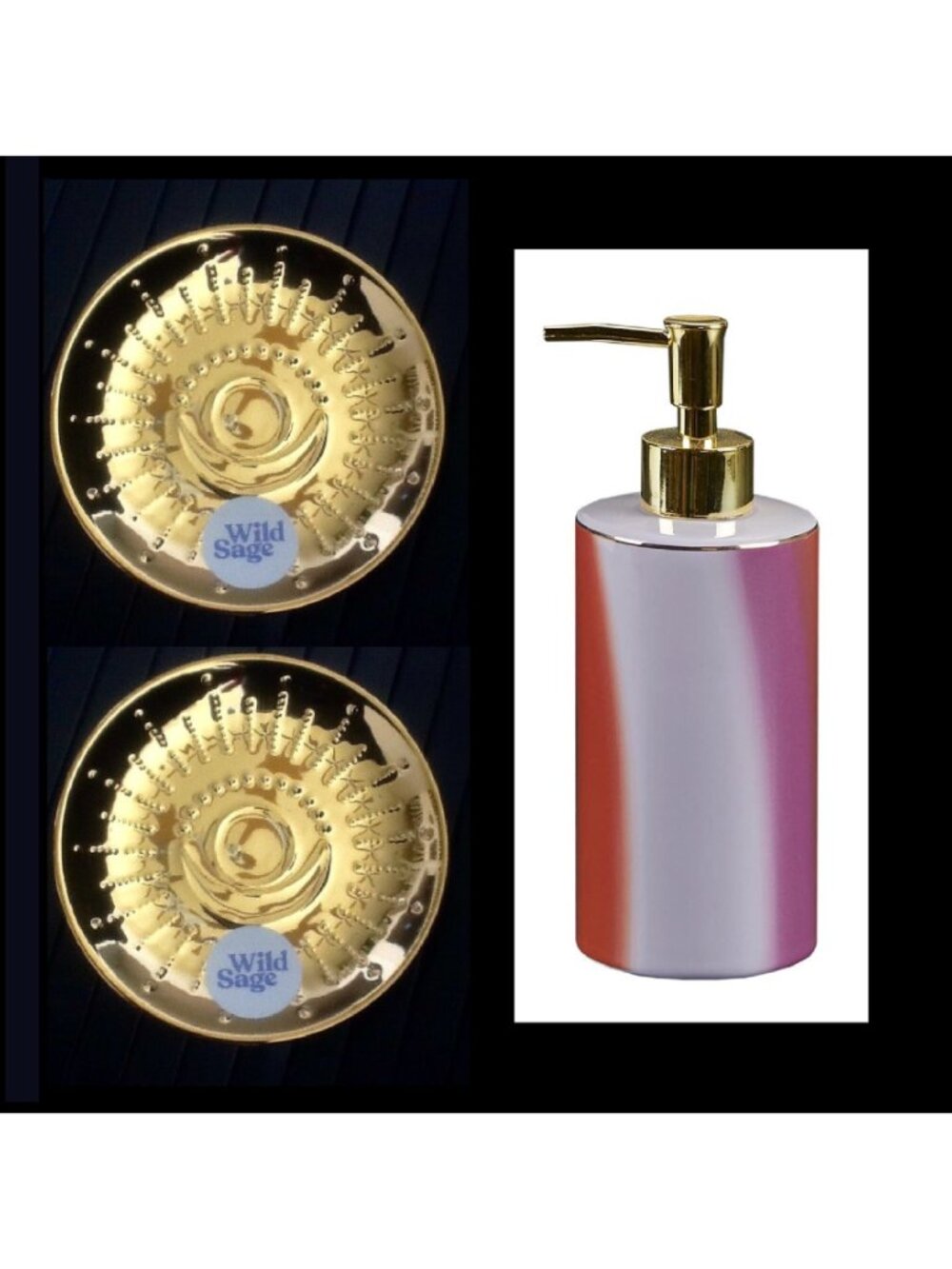 new CERAMIC Wild Sage Tiger Wash Stripe LOTION DISPENSER + Cassidy Round TRAYs